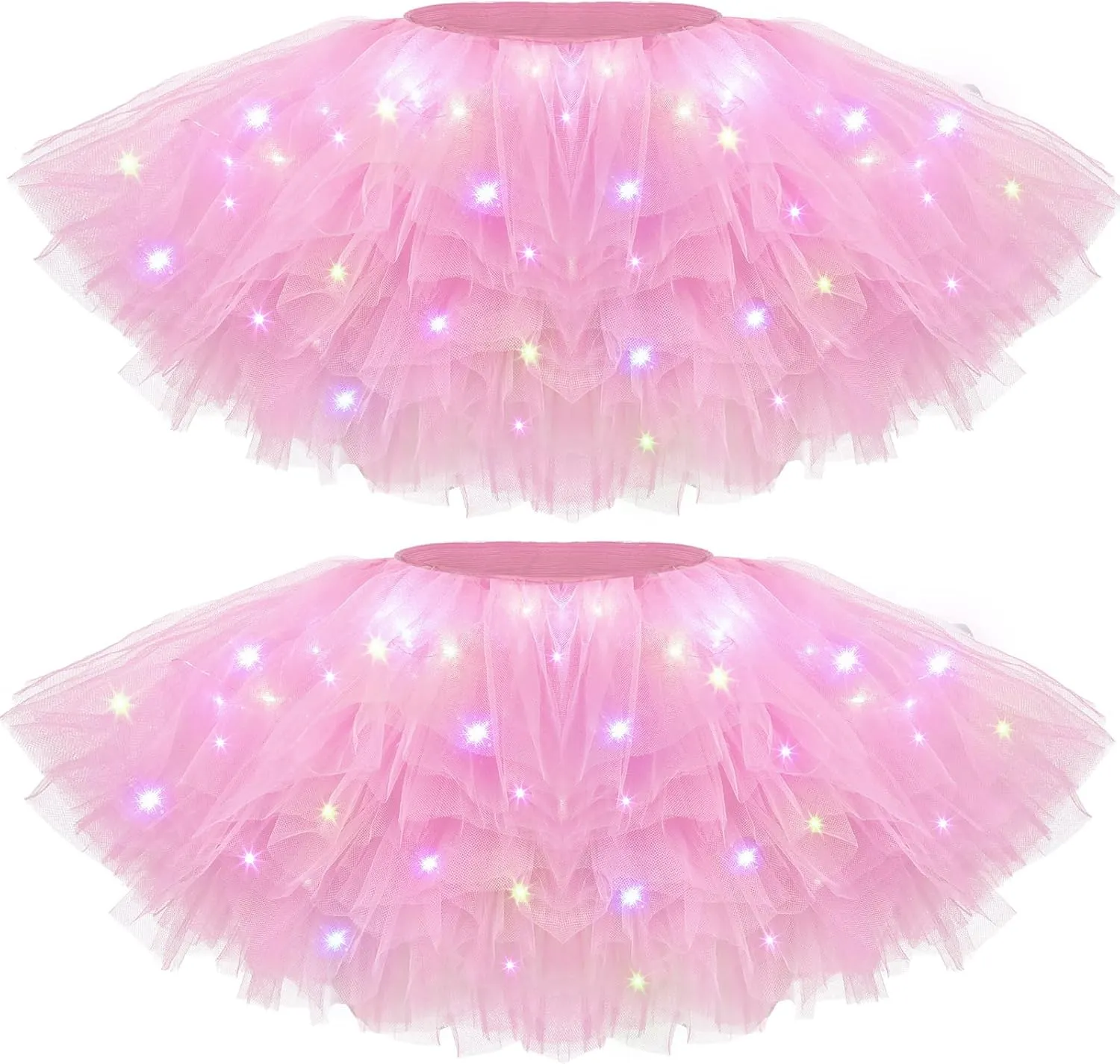 2 Pack LED Tutu Skirt Light up Tutus 5 Layered Neon Tulle Skirt for Women 80's Party Carnival Costume Glitter