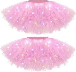 2 Pack LED Tutu Skirt Light up Tutus 5 Layered Neon Tulle Skirt for Women 80's Party Carnival Costume Glitter