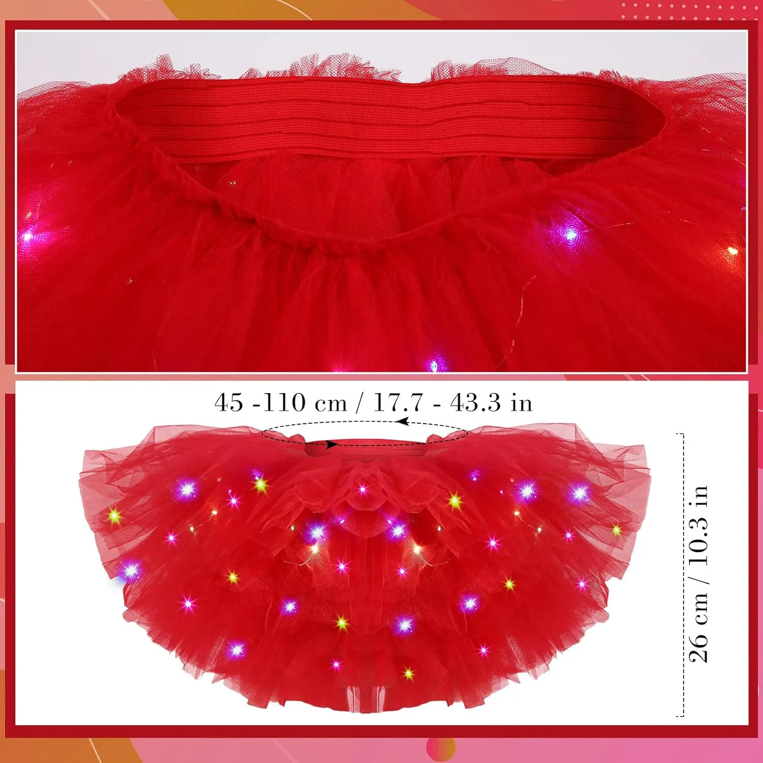 2 Pack LED Tutu Skirt Light up Tutus 5 Layered Neon Tulle Skirt for Women 80's Party Carnival Costume Glitter