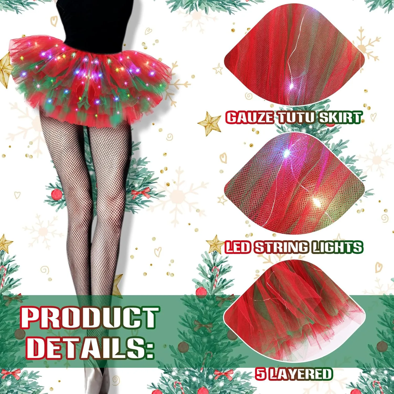 2 Pack LED Tutu Skirt Light up Tutus 5 Layered Neon Tulle Skirt for Women 80's Party Carnival Costume Glitter