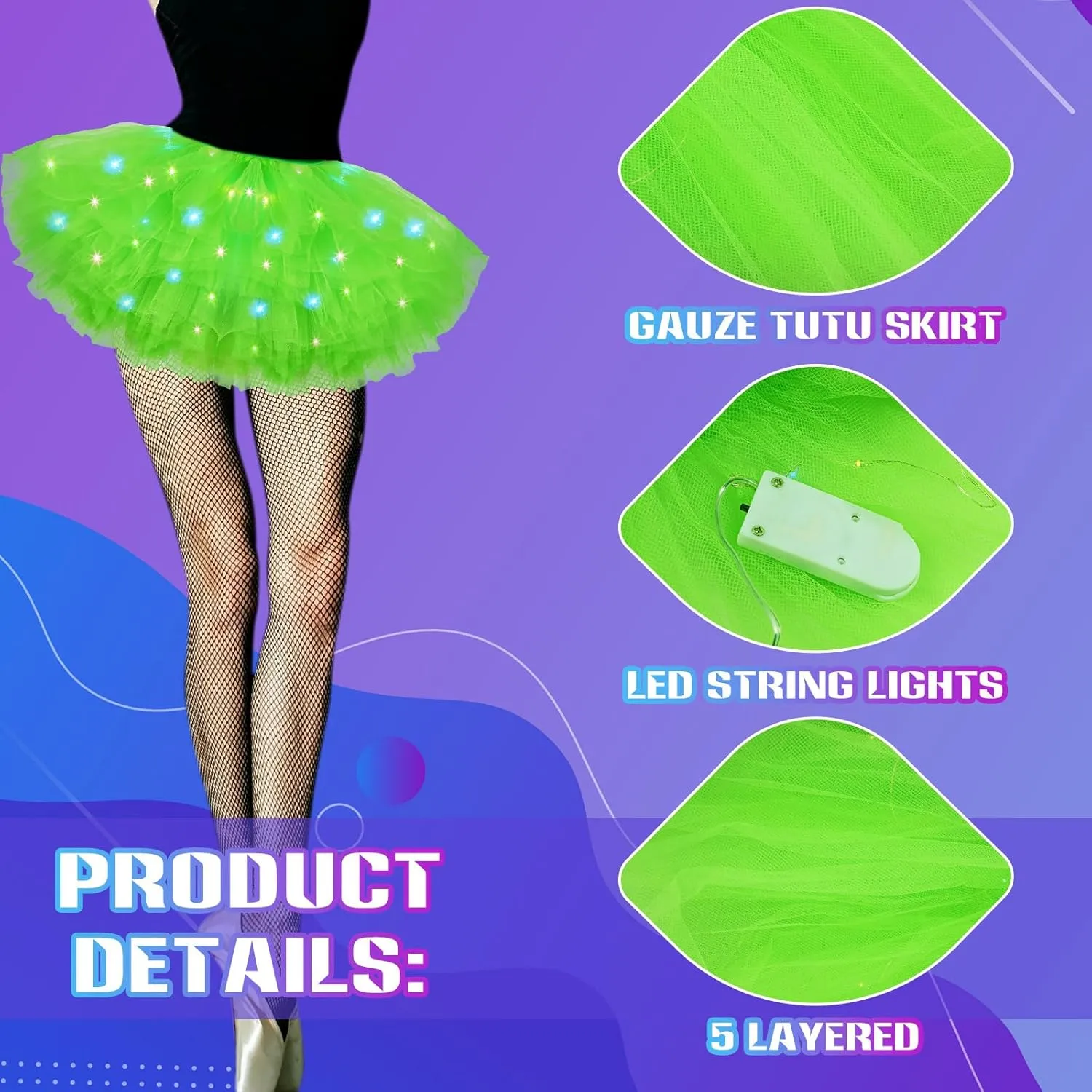 2 Pack LED Tutu Skirt Light up Tutus 5 Layered Neon Tulle Skirt for Women 80's Party Carnival Costume Glitter