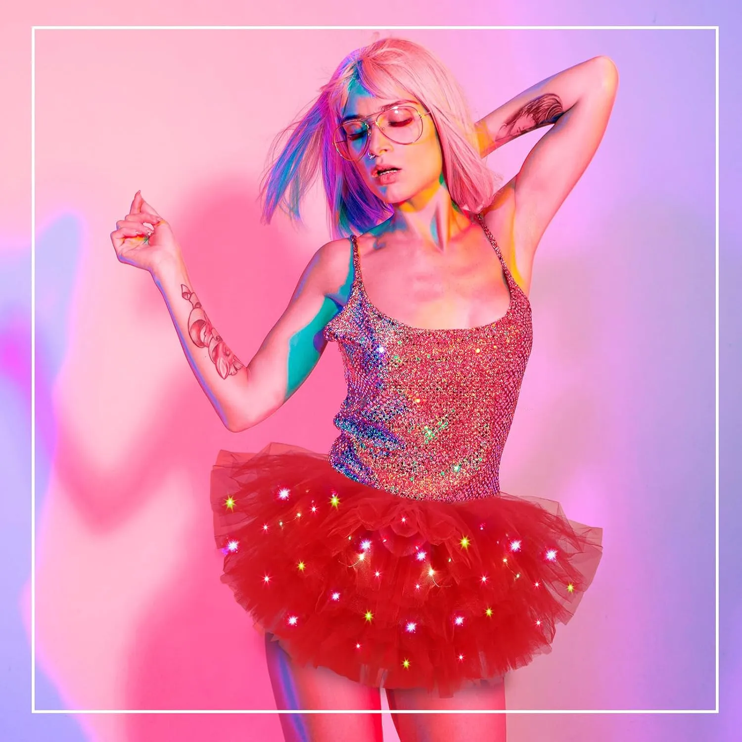 2 Pack LED Tutu Skirt Light up Tutus 5 Layered Neon Tulle Skirt for Women 80's Party Carnival Costume Glitter