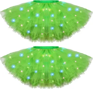 2 Pack LED Tutu Skirt Light up Tutus 5 Layered Neon Tulle Skirt for Women 80's Party Carnival Costume Glitter