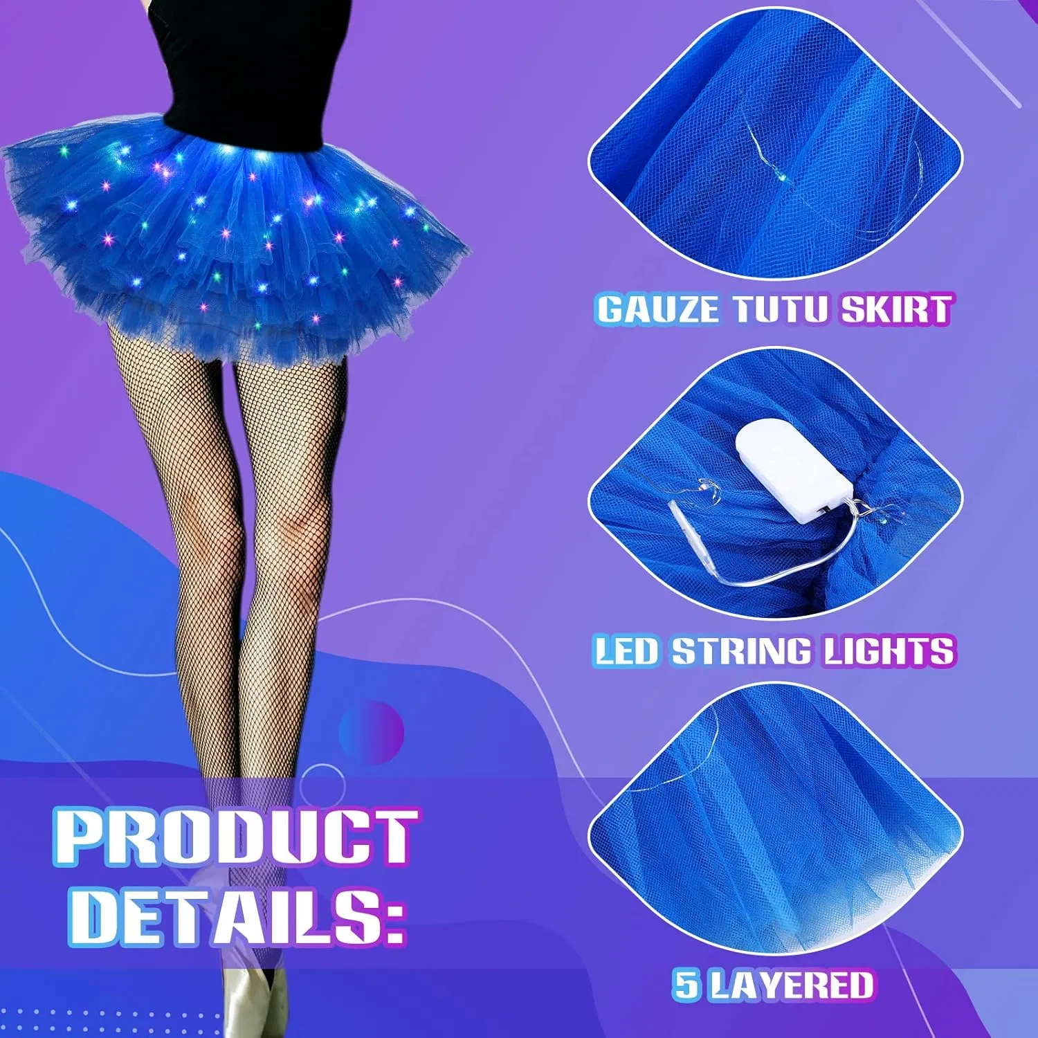 2 Pack LED Tutu Skirt Light up Tutus 5 Layered Neon Tulle Skirt for Women 80's Party Carnival Costume Glitter
