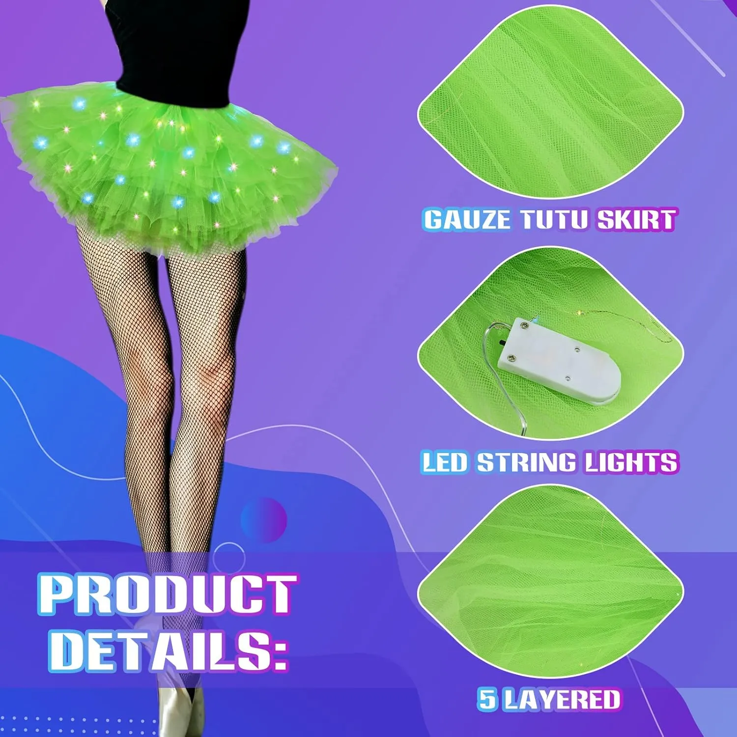 2 Pack LED Tutu Skirt Light up Tutus 5 Layered Neon Tulle Skirt for Women 80's Party Carnival Costume Glitter