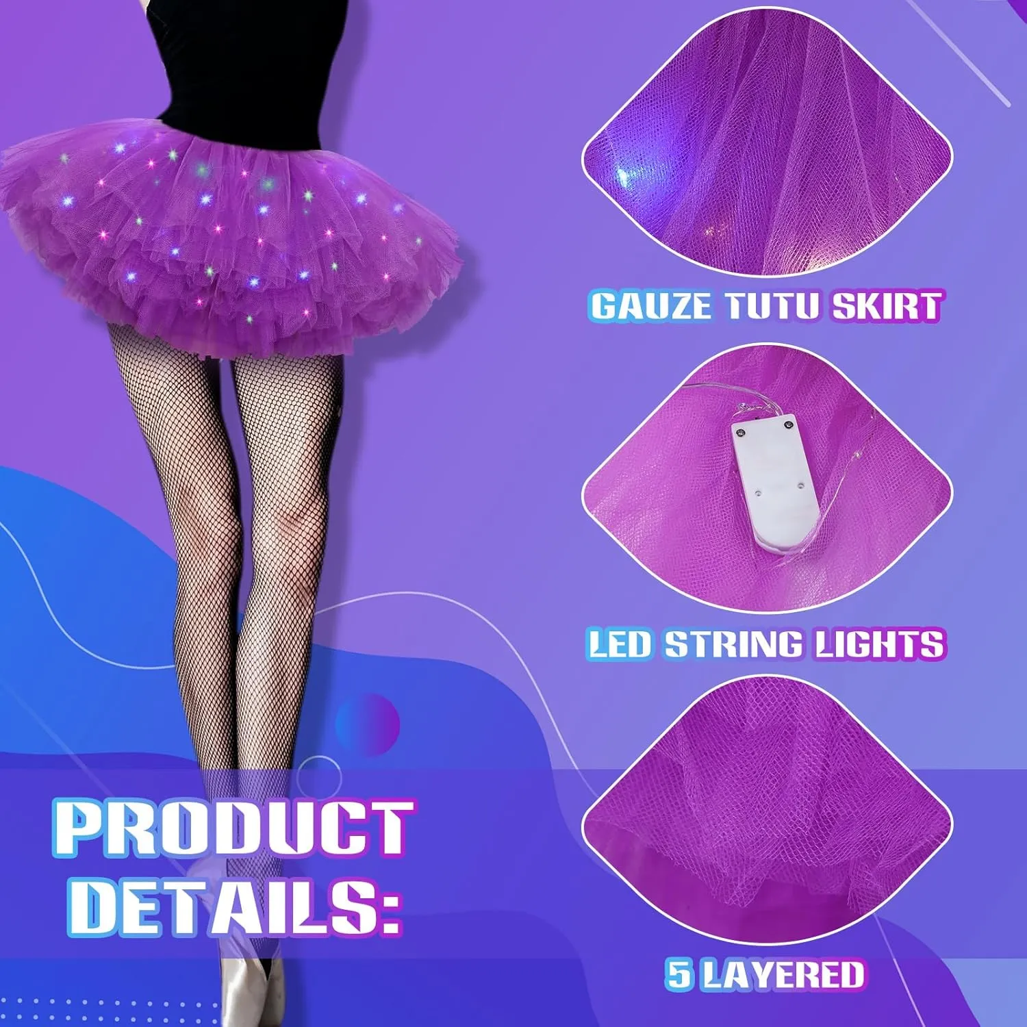 2 Pack LED Tutu Skirt Light up Tutus 5 Layered Neon Tulle Skirt for Women 80's Party Carnival Costume Glitter