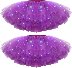 2 Pack LED Tutu Skirt Light up Tutus 5 Layered Neon Tulle Skirt for Women 80's Party Carnival Costume Glitter