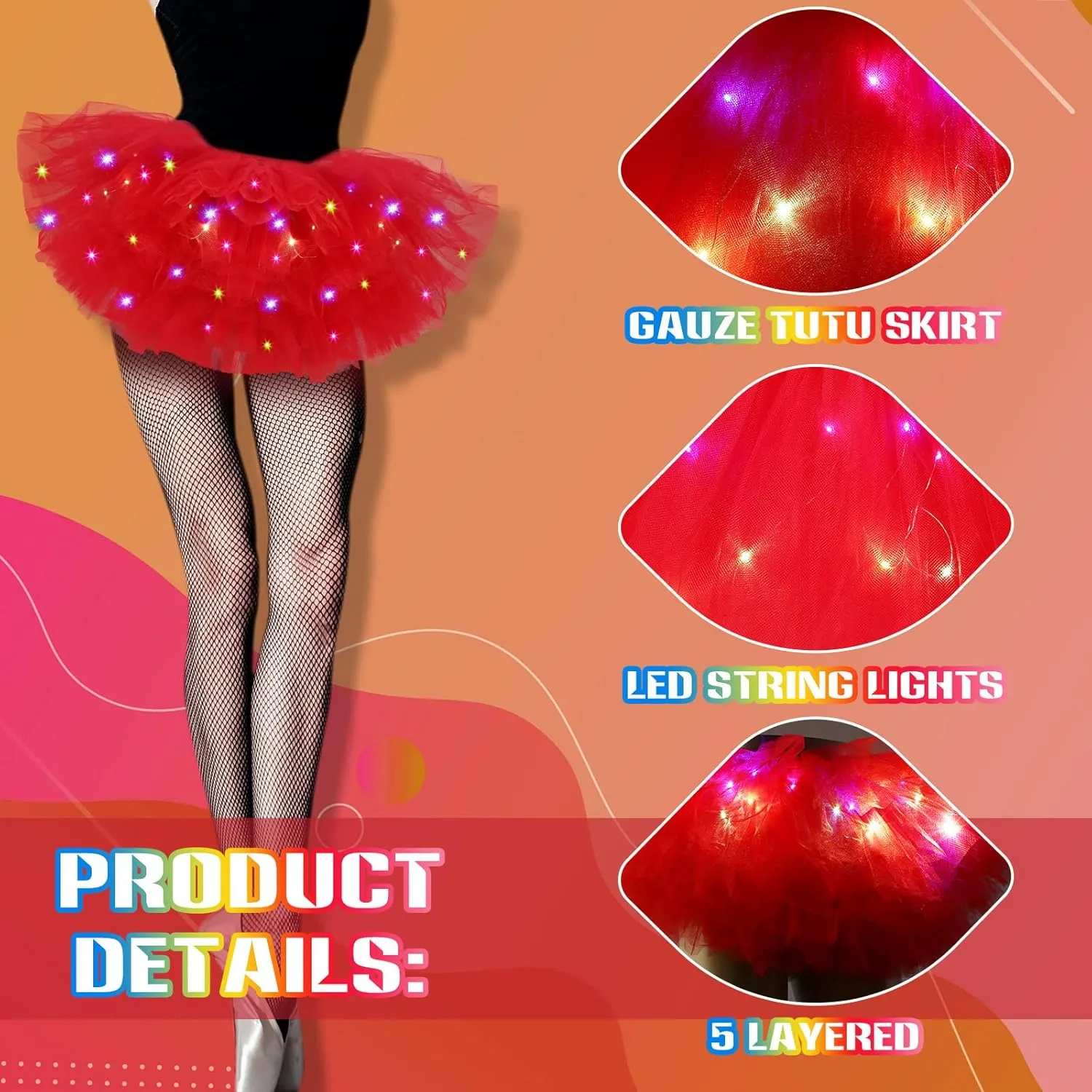 2 Pack LED Tutu Skirt Light up Tutus 5 Layered Neon Tulle Skirt for Women 80's Party Carnival Costume Glitter