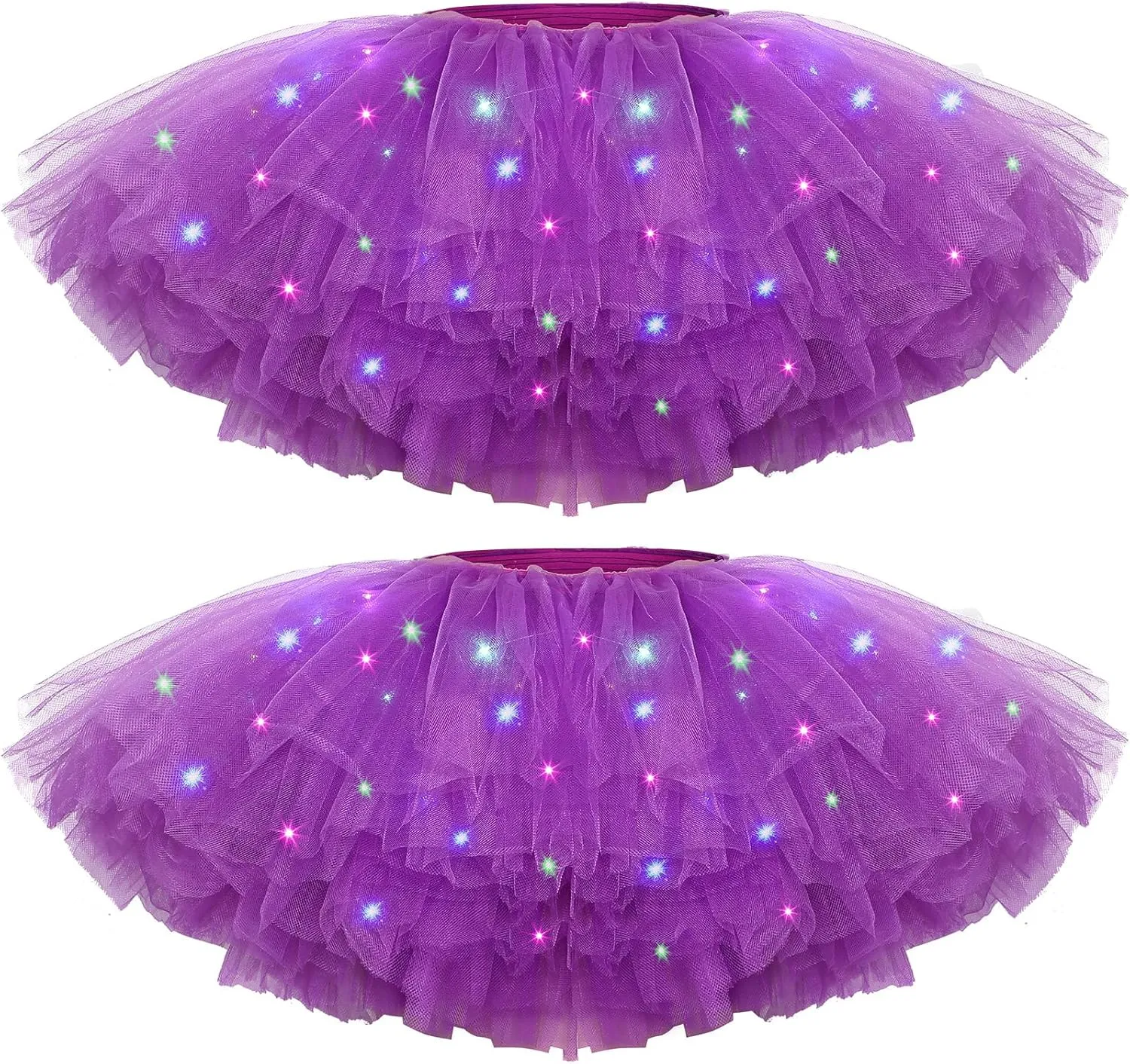 2 Pack LED Tutu Skirt Light up Tutus 5 Layered Neon Tulle Skirt for Women 80's Party Carnival Costume Glitter