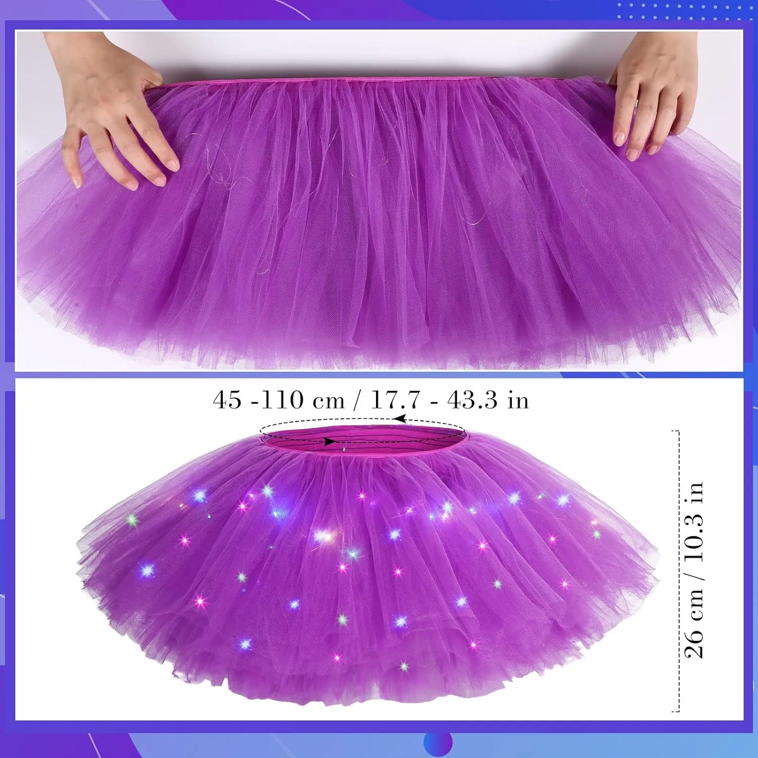 2 Pack LED Tutu Skirt Light up Tutus 5 Layered Neon Tulle Skirt for Women 80's Party Carnival Costume Glitter