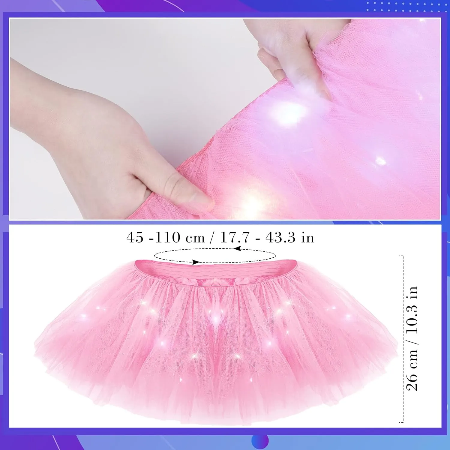 2 Pack LED Tutu Skirt Light up Tutus 5 Layered Neon Tulle Skirt for Women 80's Party Carnival Costume Glitter