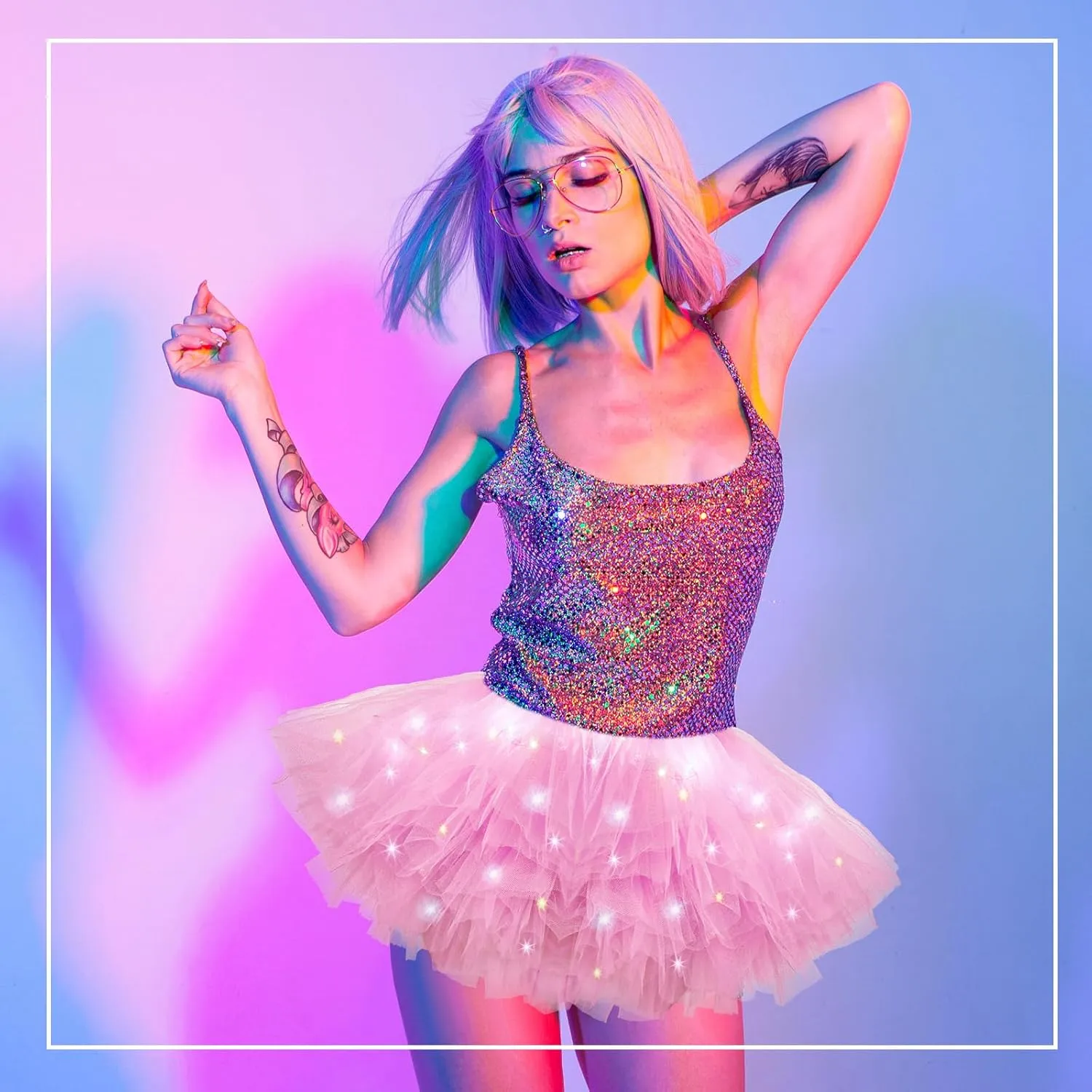 2 Pack LED Tutu Skirt Light up Tutus 5 Layered Neon Tulle Skirt for Women 80's Party Carnival Costume Glitter