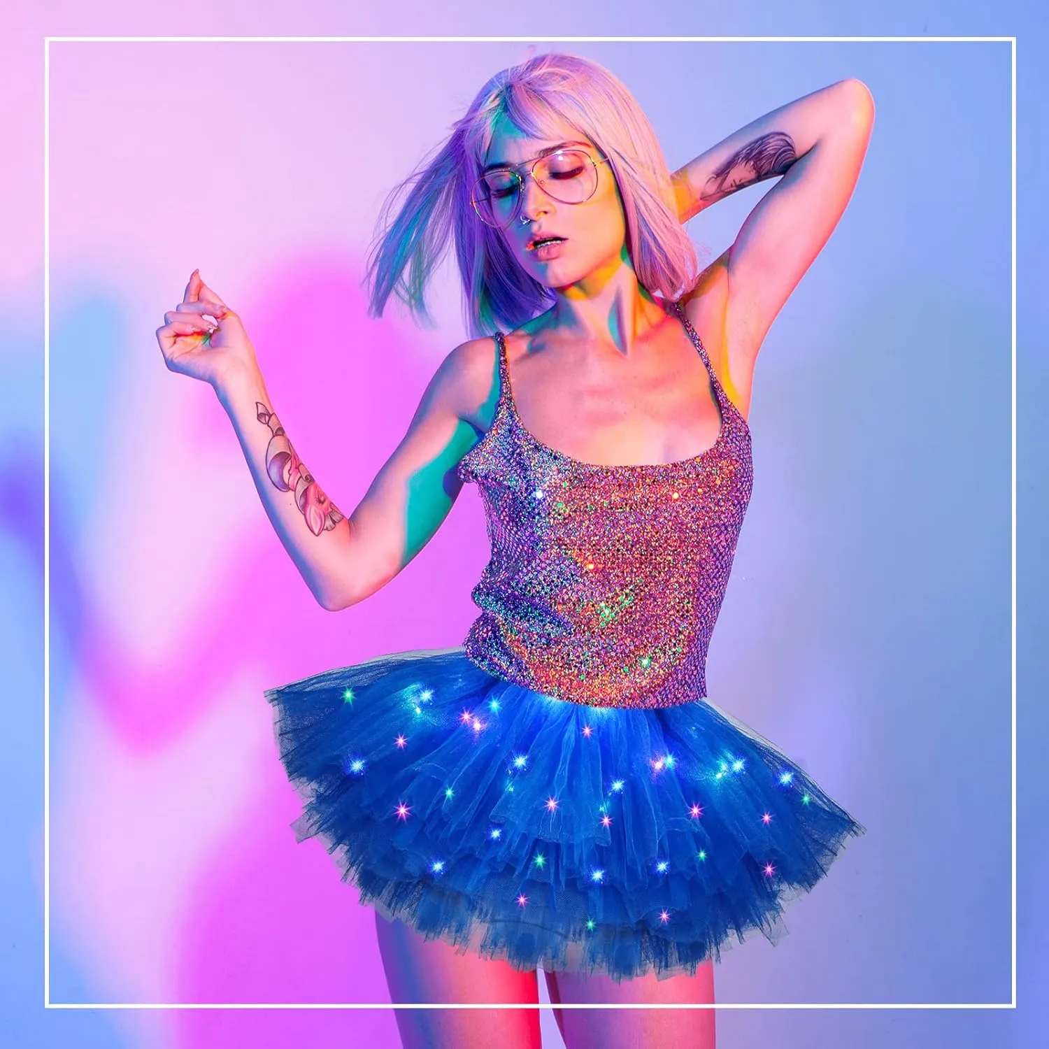 2 Pack LED Tutu Skirt Light up Tutus 5 Layered Neon Tulle Skirt for Women 80's Party Carnival Costume Glitter