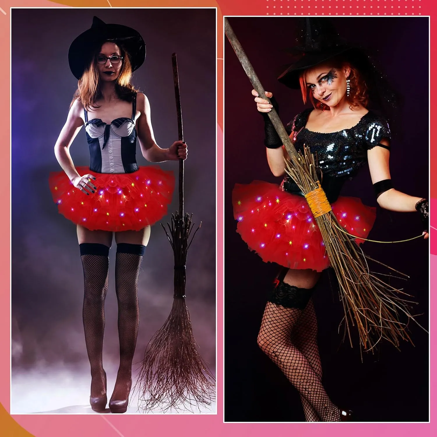 2 Pack LED Tutu Skirt Light up Tutus 5 Layered Neon Tulle Skirt for Women 80's Party Carnival Costume Glitter