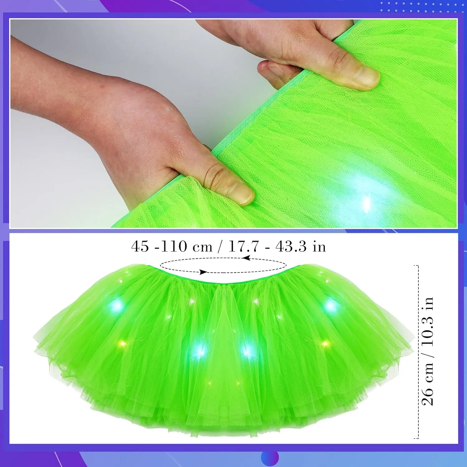 2 Pack LED Tutu Skirt Light up Tutus 5 Layered Neon Tulle Skirt for Women 80's Party Carnival Costume Glitter