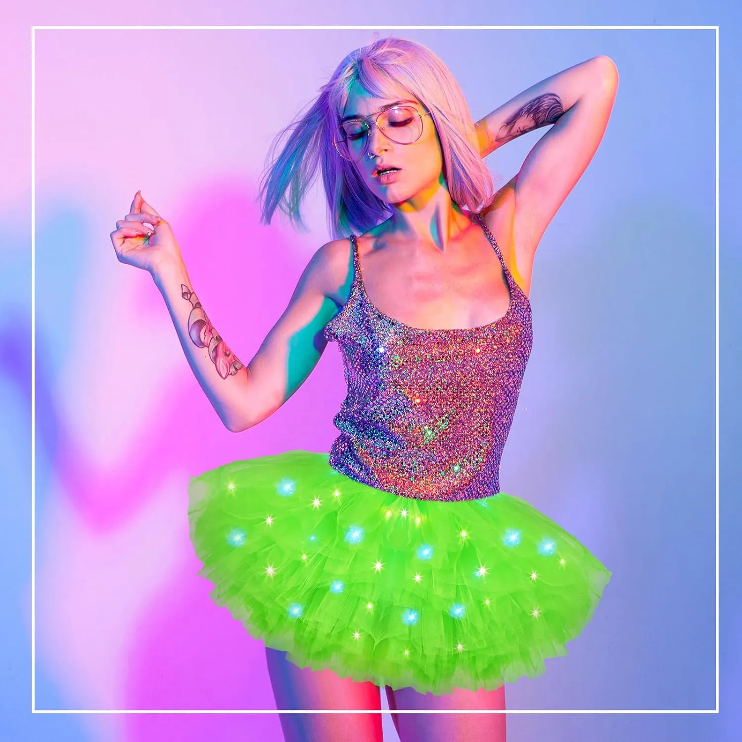 2 Pack LED Tutu Skirt Light up Tutus 5 Layered Neon Tulle Skirt for Women 80's Party Carnival Costume Glitter