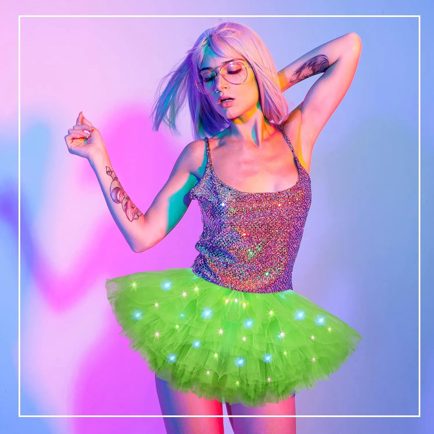 2 Pack LED Tutu Skirt Light up Tutus 5 Layered Neon Tulle Skirt for Women 80's Party Carnival Costume Glitter