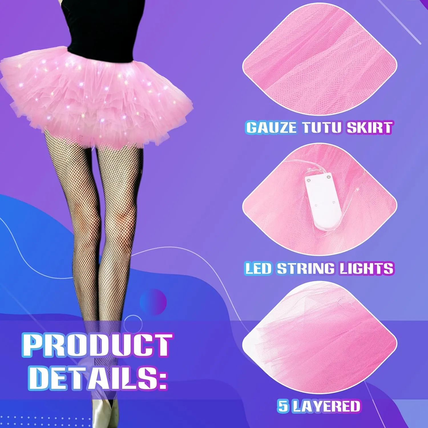 2 Pack LED Tutu Skirt Light up Tutus 5 Layered Neon Tulle Skirt for Women 80's Party Carnival Costume Glitter