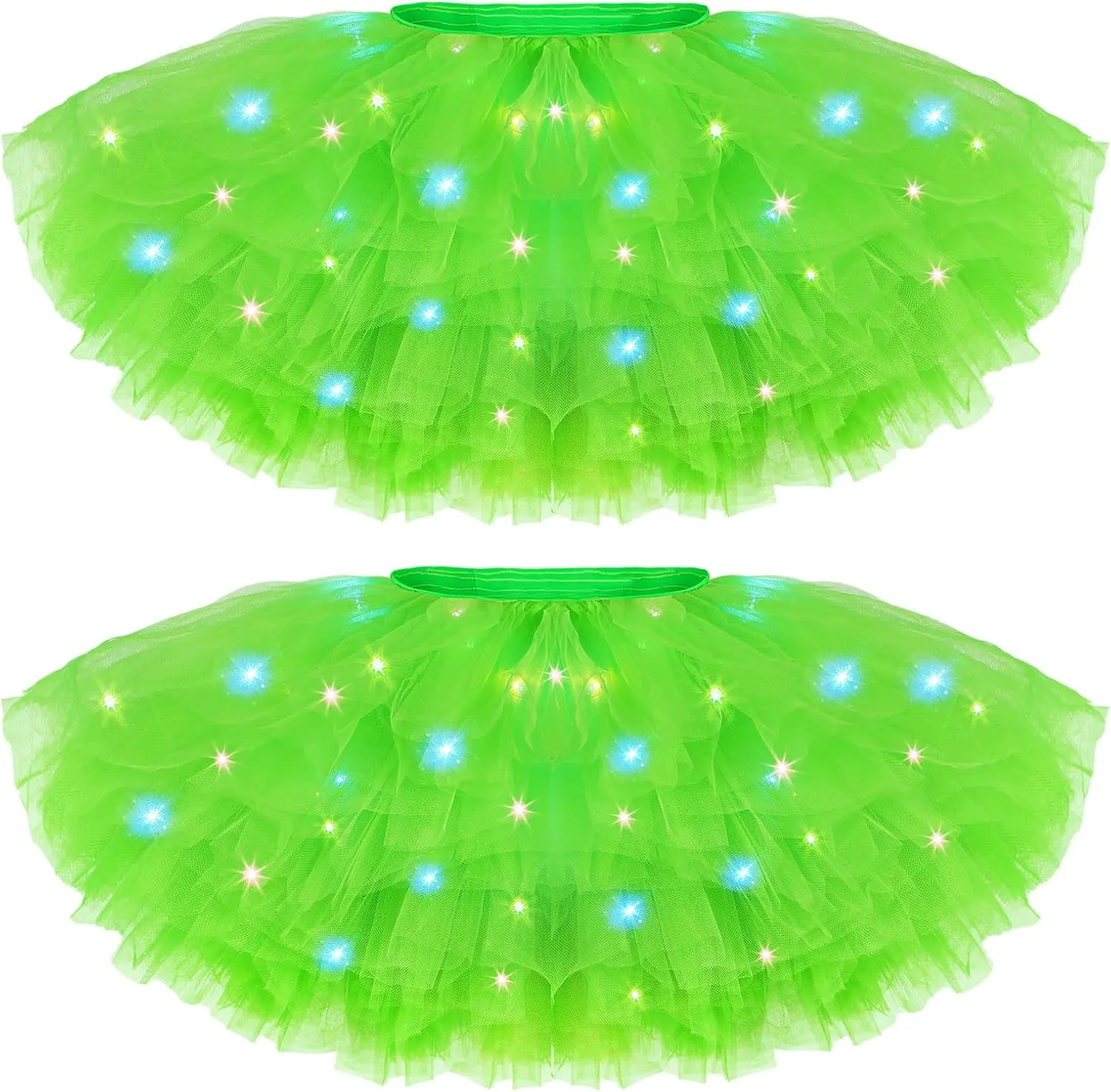 2 Pack LED Tutu Skirt Light up Tutus 5 Layered Neon Tulle Skirt for Women 80's Party Carnival Costume Glitter
