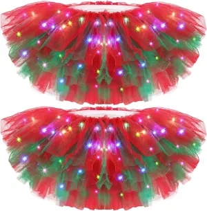 2 Pack LED Tutu Skirt Light up Tutus 5 Layered Neon Tulle Skirt for Women 80's Party Carnival Costume Glitter