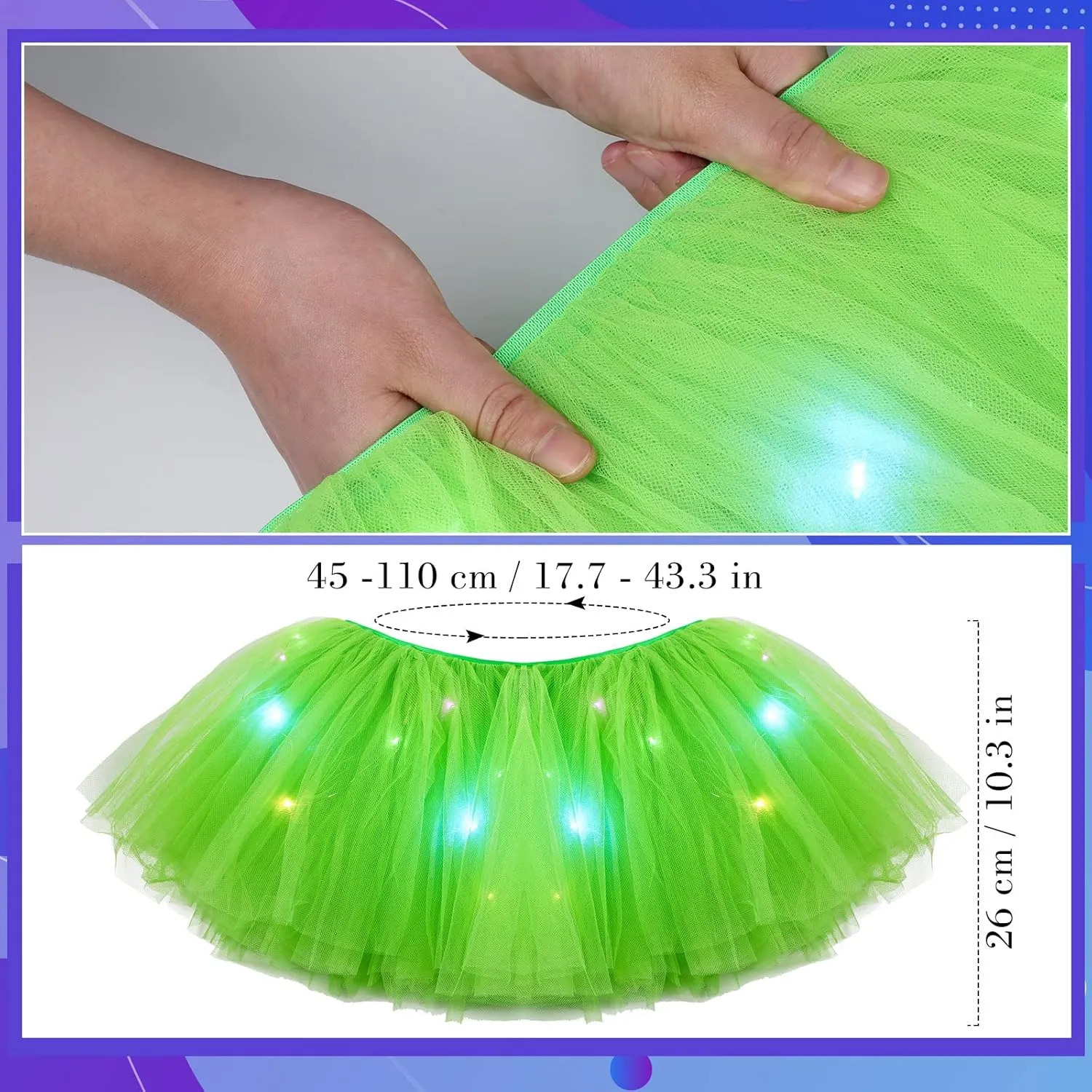 2 Pack LED Tutu Skirt Light up Tutus 5 Layered Neon Tulle Skirt for Women 80's Party Carnival Costume Glitter
