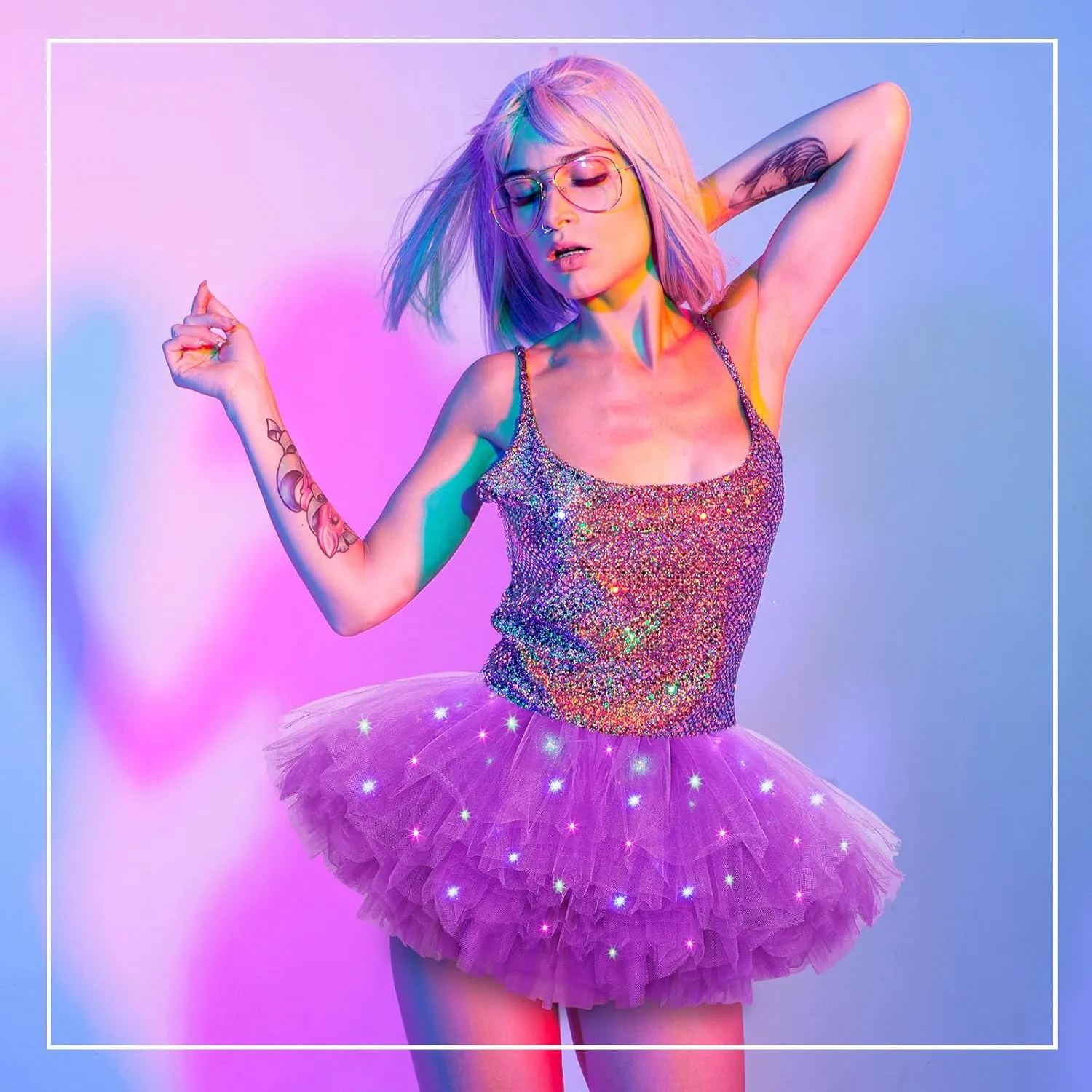 2 Pack LED Tutu Skirt Light up Tutus 5 Layered Neon Tulle Skirt for Women 80's Party Carnival Costume Glitter