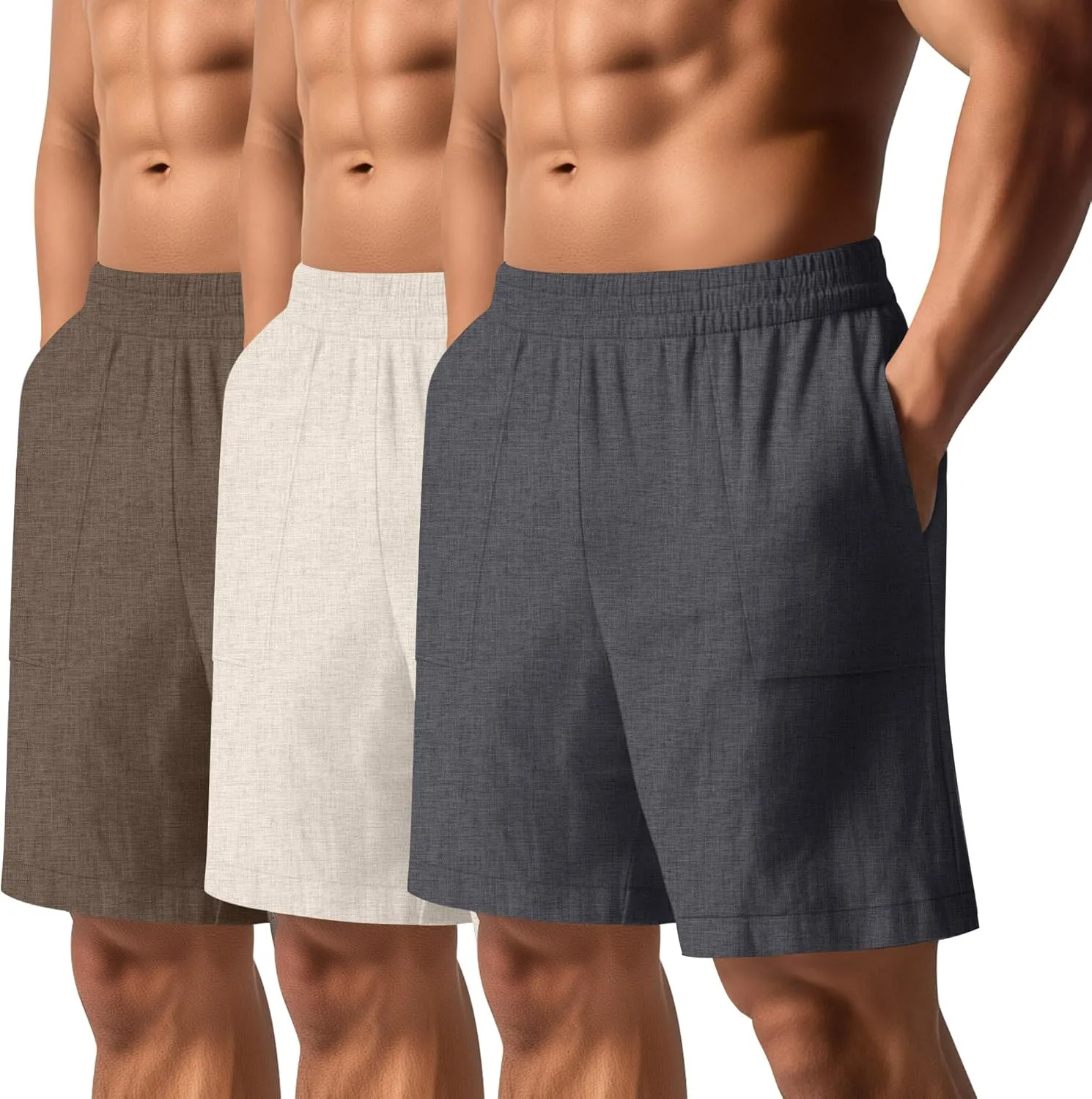 3 Pack Men's Linen Bermuda Shorts Casual Elastic Waist Shorts Summer Knee Length Beach Wear with Pocket