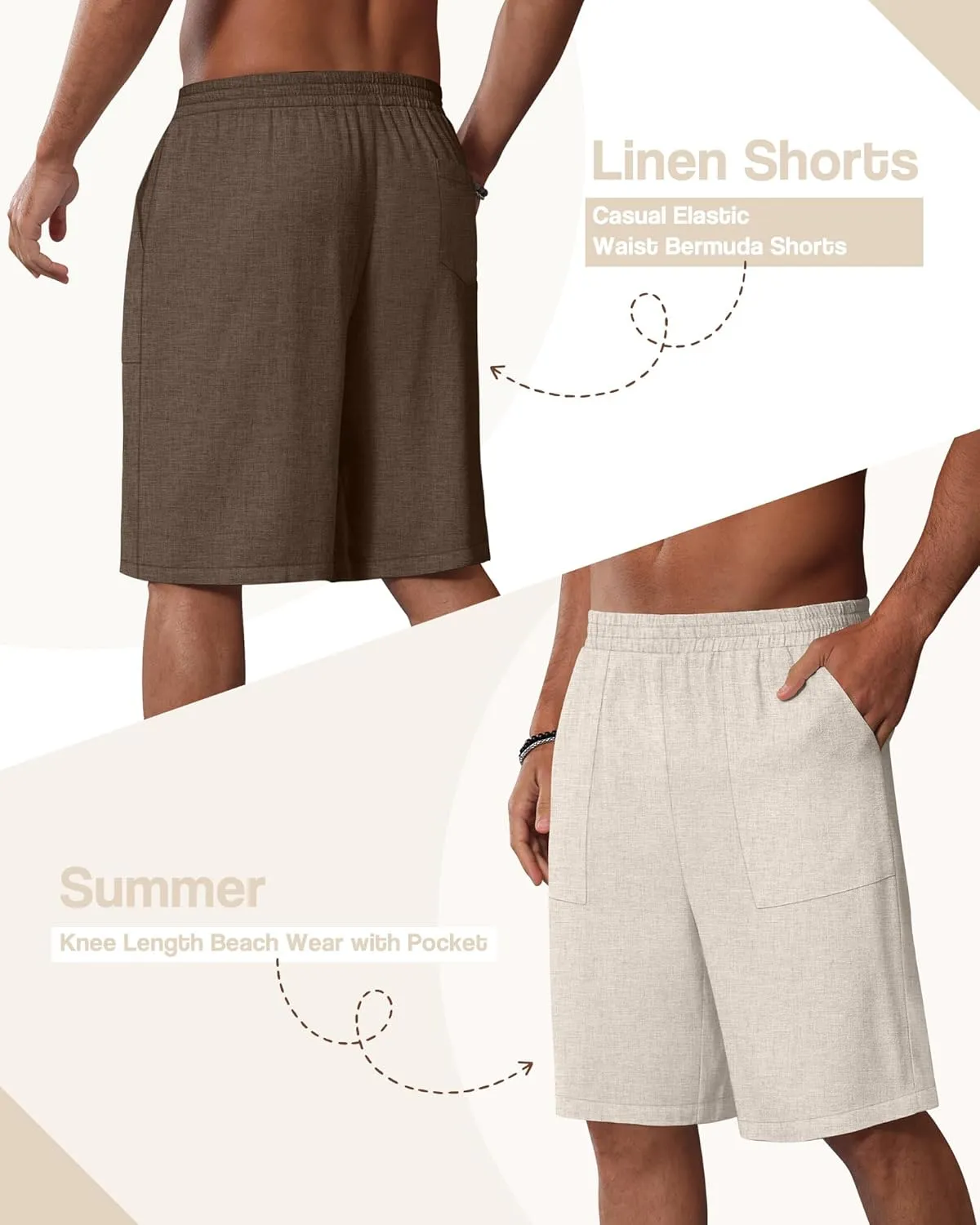 3 Pack Men's Linen Bermuda Shorts Casual Elastic Waist Shorts Summer Knee Length Beach Wear with Pocket