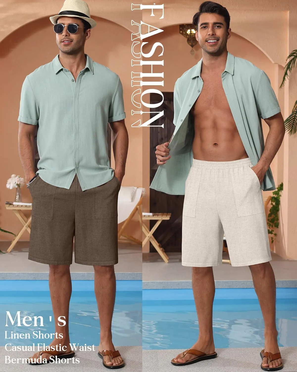 3 Pack Men's Linen Bermuda Shorts Casual Elastic Waist Shorts Summer Knee Length Beach Wear with Pocket