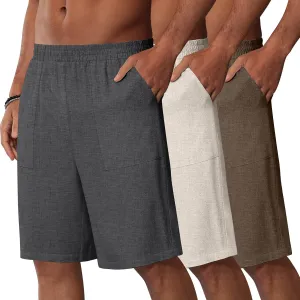 3 Pack Men's Linen Bermuda Shorts Casual Elastic Waist Shorts Summer Knee Length Beach Wear with Pocket