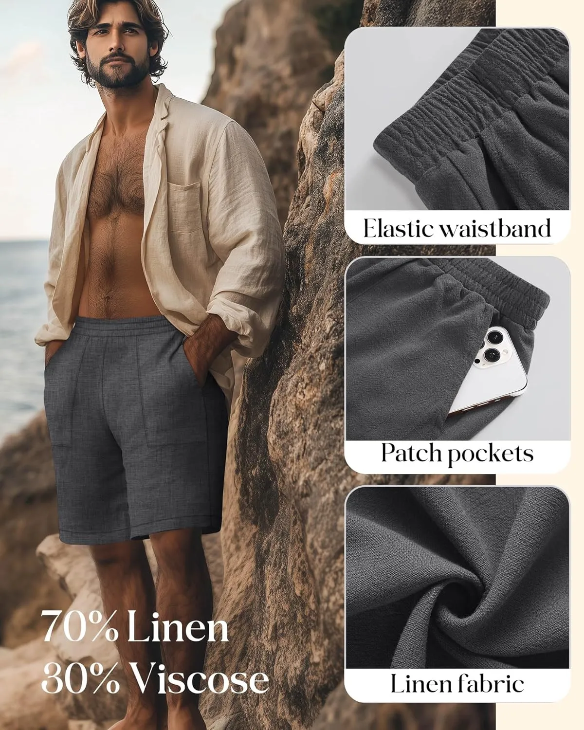 3 Pack Men's Linen Bermuda Shorts Casual Elastic Waist Shorts Summer Knee Length Beach Wear with Pocket