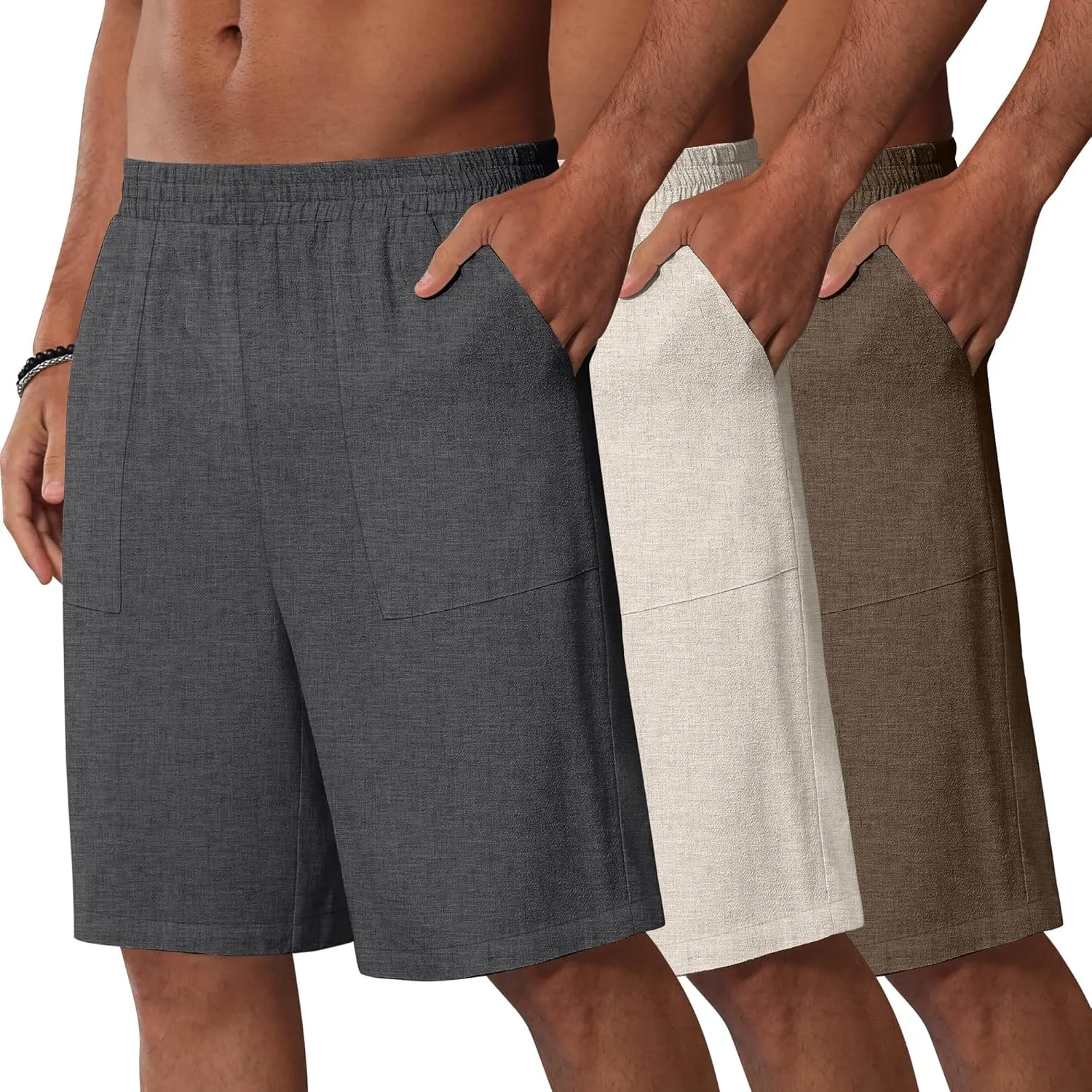 3 Pack Men's Linen Bermuda Shorts Casual Elastic Waist Shorts Summer Knee Length Beach Wear with Pocket