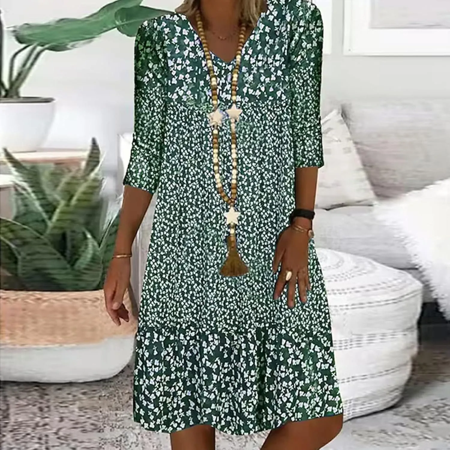 3/4 Sleeve Knee Length Dress for Women 2024 Casual Comfy Loose Fit Midi Dresses Womens Summer Boho Floral Dresses