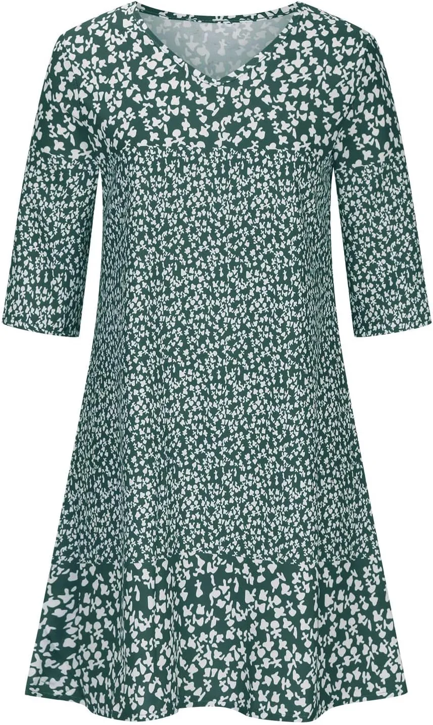3/4 Sleeve Knee Length Dress for Women 2024 Casual Comfy Loose Fit Midi Dresses Womens Summer Boho Floral Dresses