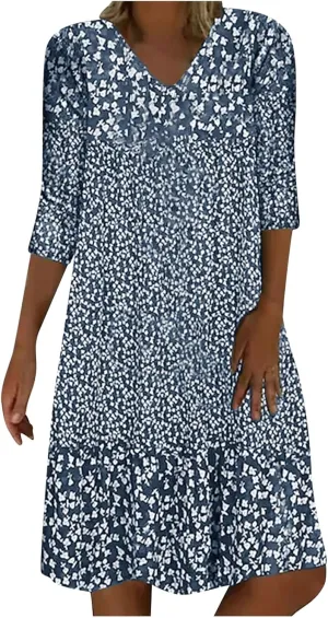 3/4 Sleeve Knee Length Dress for Women 2024 Casual Comfy Loose Fit Midi Dresses Womens Summer Boho Floral Dresses