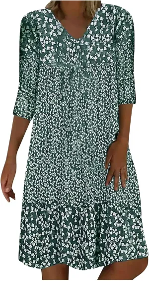 3/4 Sleeve Knee Length Dress for Women 2024 Casual Comfy Loose Fit Midi Dresses Womens Summer Boho Floral Dresses