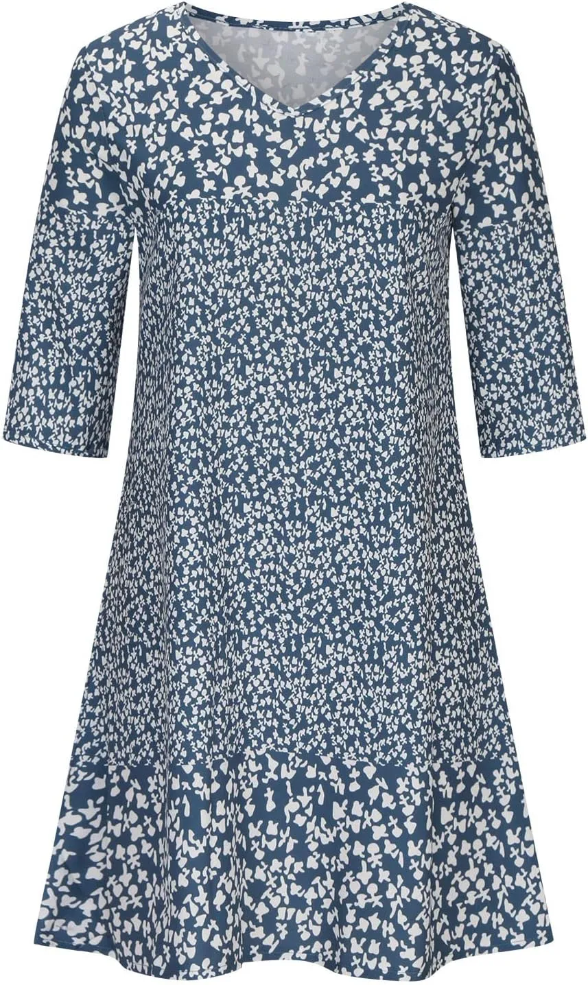 3/4 Sleeve Knee Length Dress for Women 2024 Casual Comfy Loose Fit Midi Dresses Womens Summer Boho Floral Dresses