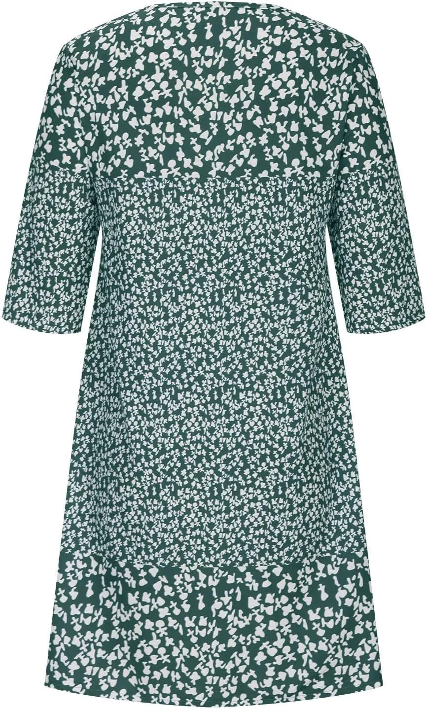 3/4 Sleeve Knee Length Dress for Women 2024 Casual Comfy Loose Fit Midi Dresses Womens Summer Boho Floral Dresses