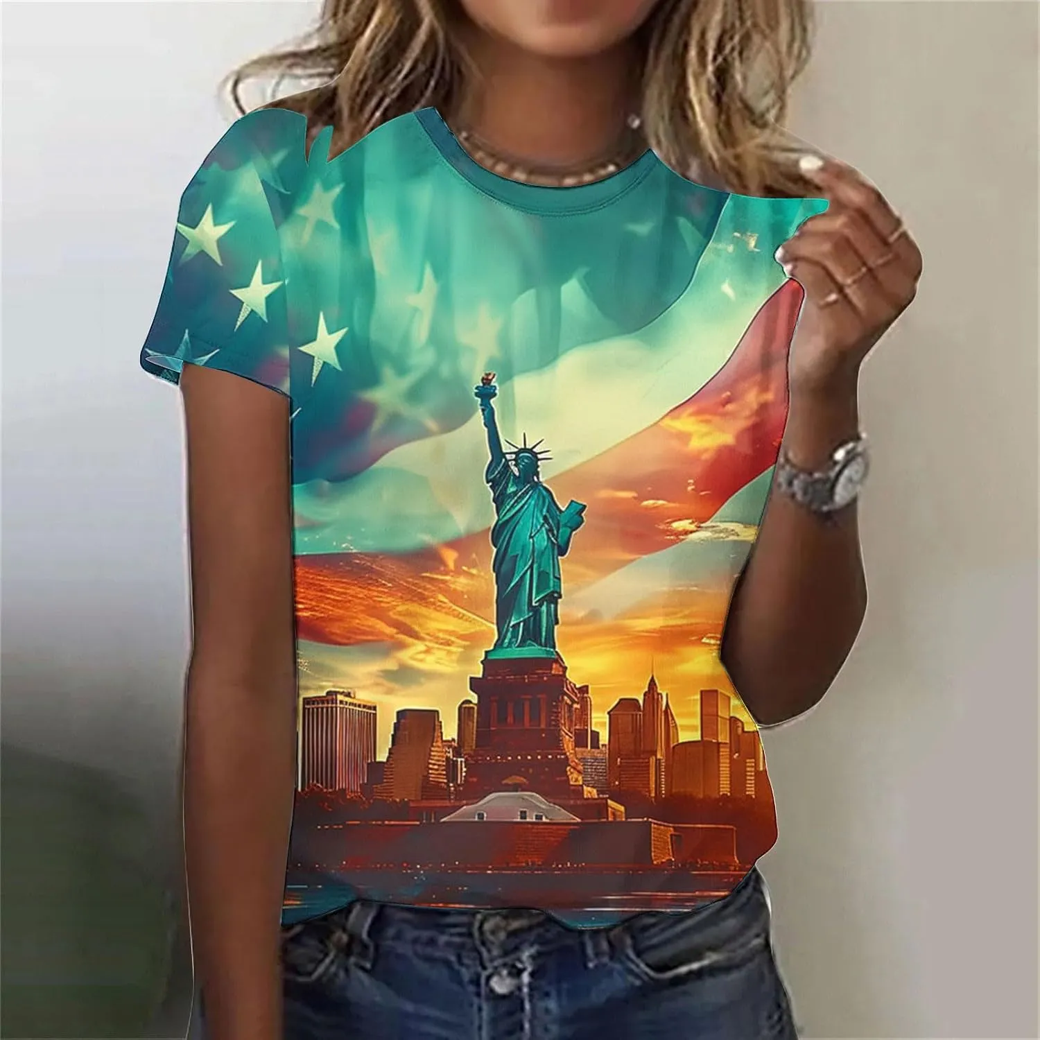 4th of July Shirts Women Short Sleeve Round Neck Pullover USA Flag Print Tshirt Vintage Festival Clothes 2025 Summer