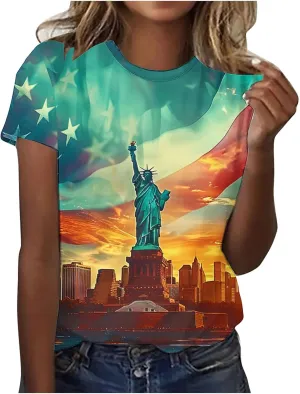 4th of July Shirts Women Short Sleeve Round Neck Pullover USA Flag Print Tshirt Vintage Festival Clothes 2025 Summer