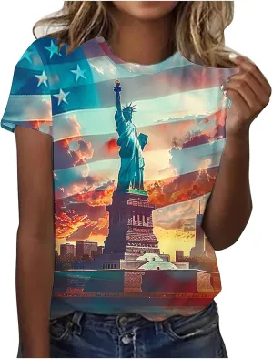 4th of July Shirts Women Short Sleeve Round Neck Pullover USA Flag Print Tshirt Vintage Festival Clothes 2025 Summer
