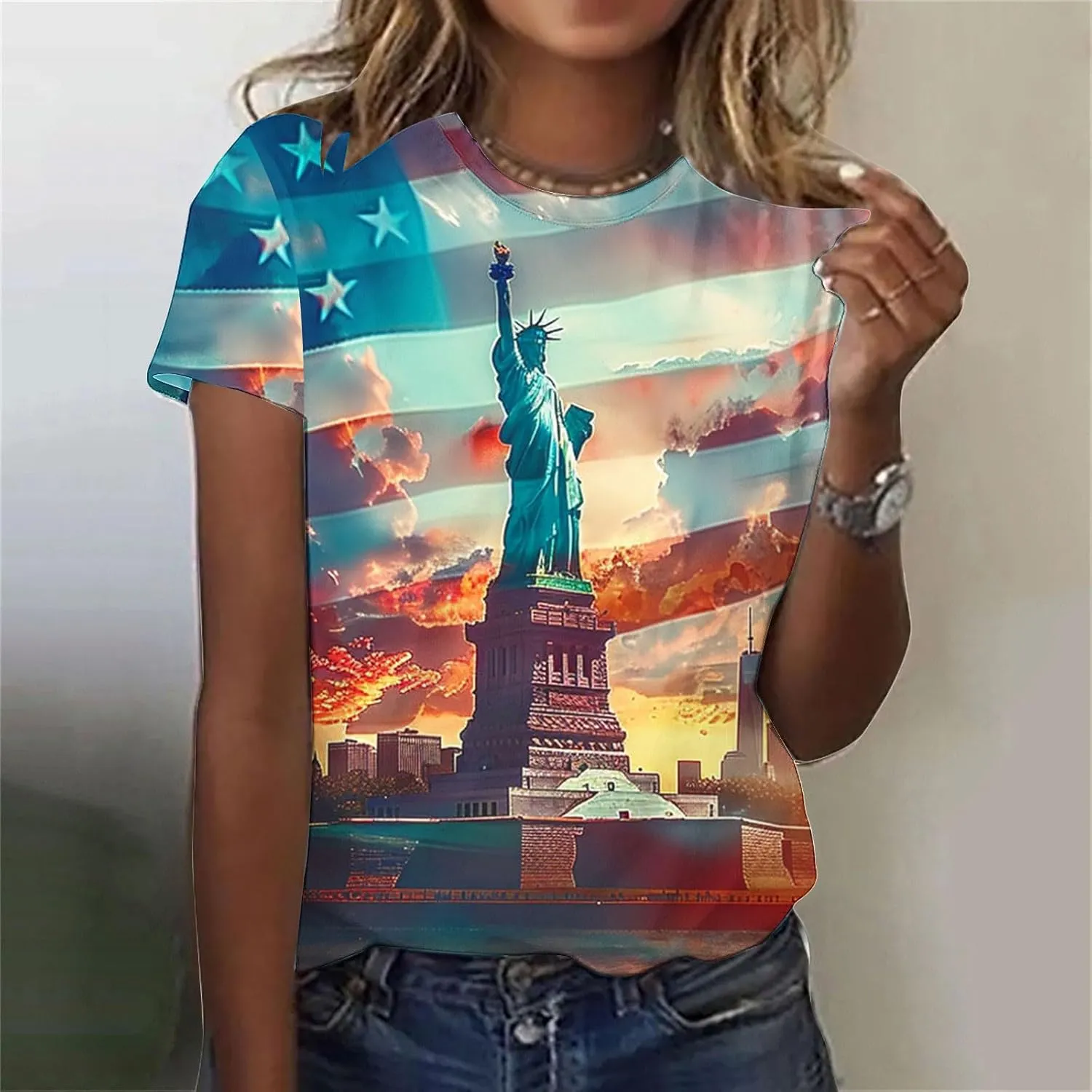 4th of July Shirts Women Short Sleeve Round Neck Pullover USA Flag Print Tshirt Vintage Festival Clothes 2025 Summer