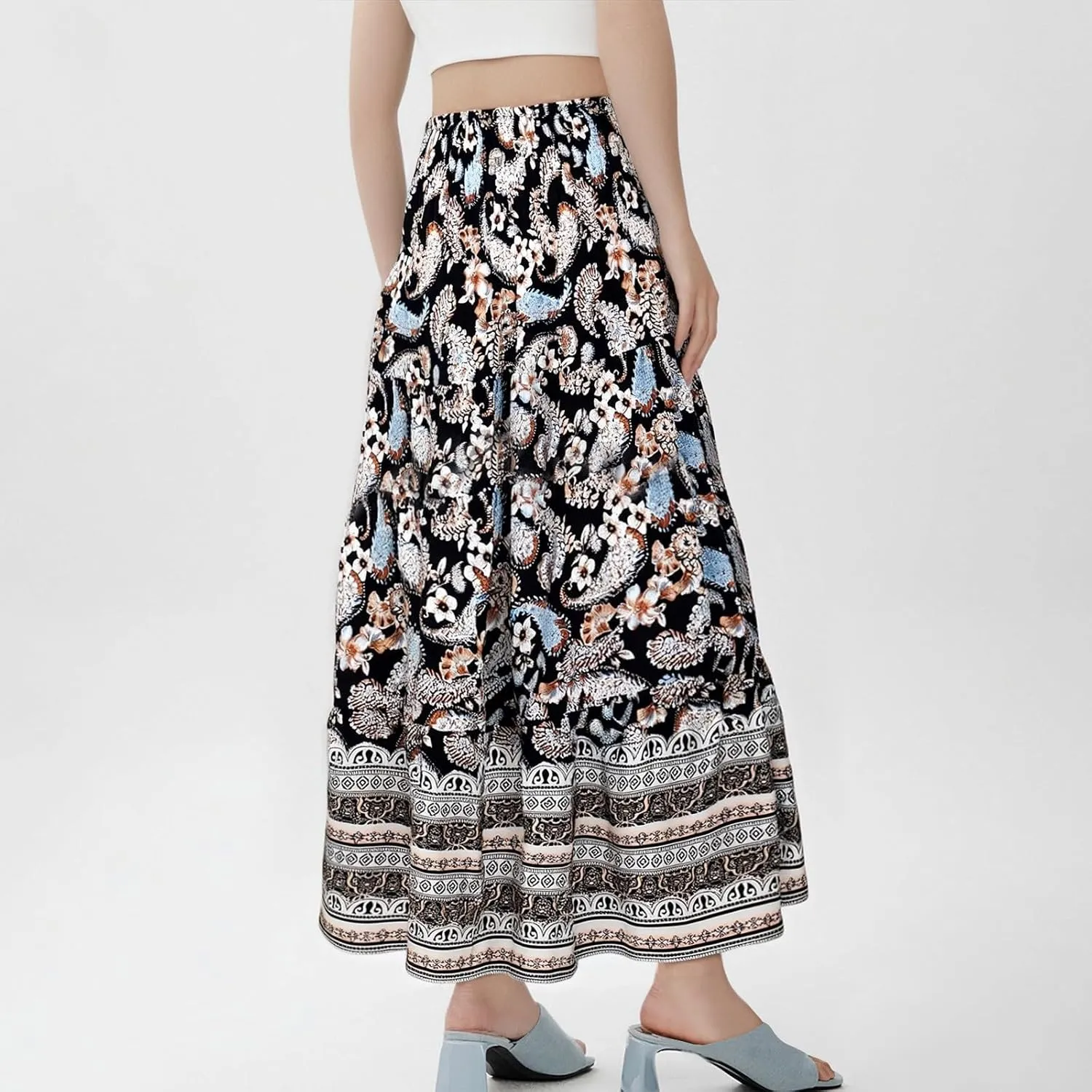 A Line Maxi Dress for Women Summer Drawstring Elastic High Waisted Skirts Elegant 3-Layer Tiered Ruched Long Skirt