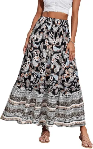 A Line Maxi Dress for Women Summer Drawstring Elastic High Waisted Skirts Elegant 3-Layer Tiered Ruched Long Skirt
