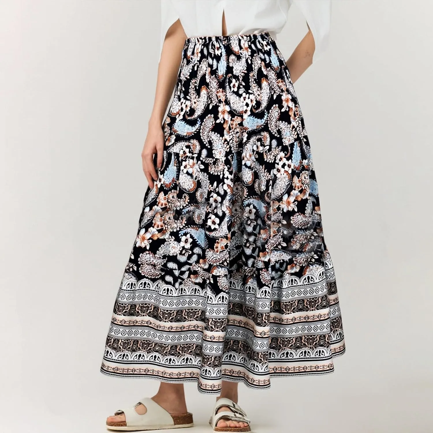A Line Maxi Dress for Women Summer Drawstring Elastic High Waisted Skirts Elegant 3-Layer Tiered Ruched Long Skirt