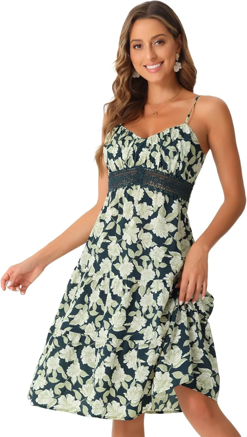 Allegra K Women's Boho Floral Dresses Spaghetti Strap Crochet Panel Sleeveless Midi Dress