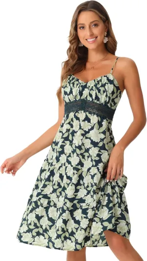 Allegra K Women's Boho Floral Dresses Spaghetti Strap Crochet Panel Sleeveless Midi Dress