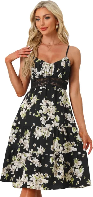 Allegra K Women's Boho Floral Dresses Spaghetti Strap Crochet Panel Sleeveless Midi Dress