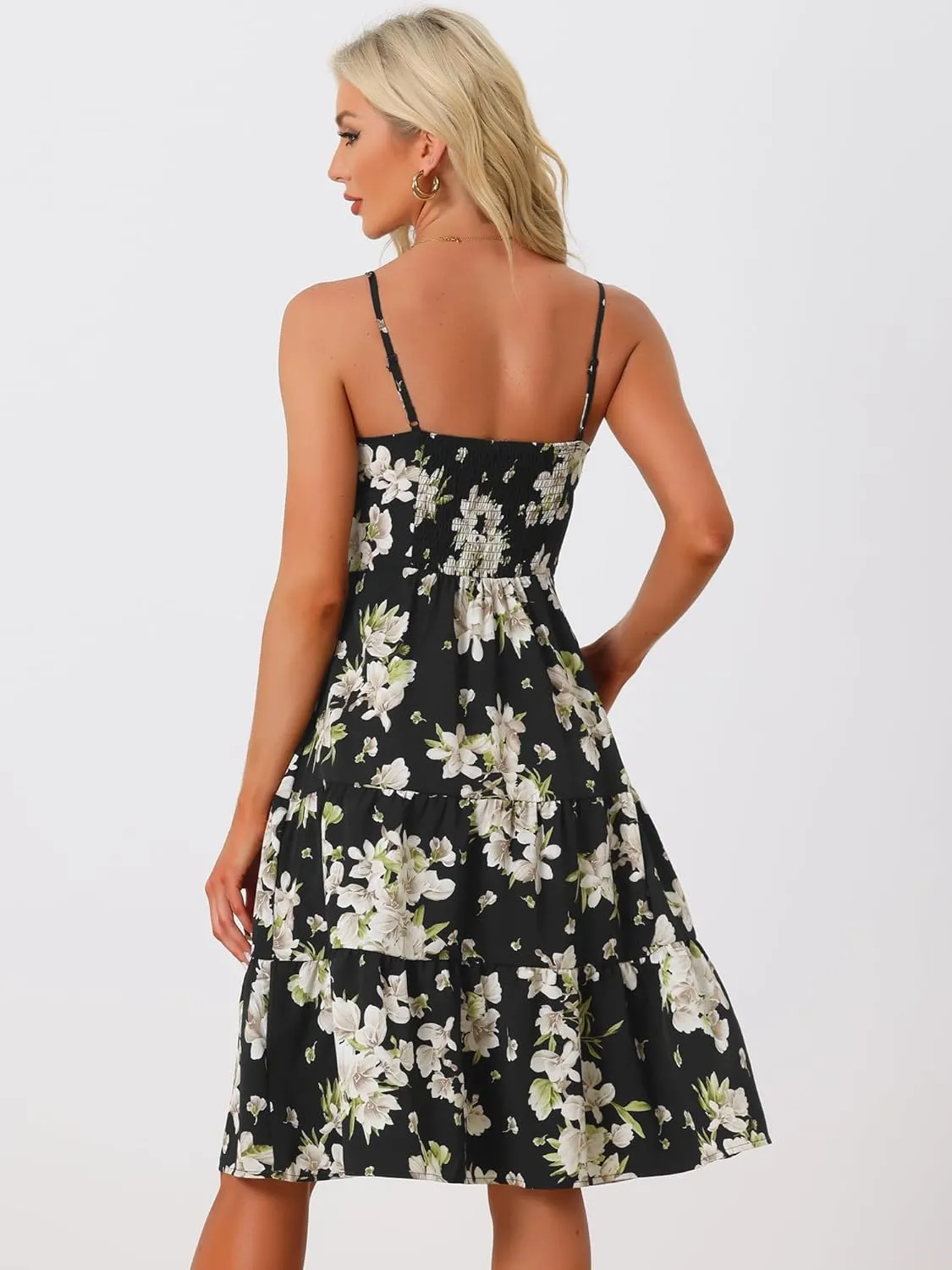 Allegra K Women's Boho Floral Dresses Spaghetti Strap Crochet Panel Sleeveless Midi Dress