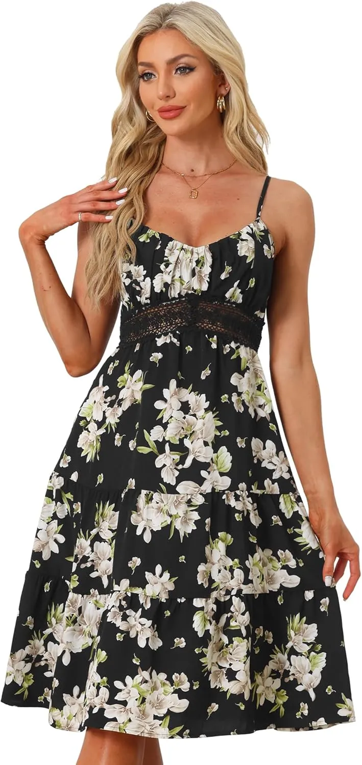 Allegra K Women's Boho Floral Dresses Spaghetti Strap Crochet Panel Sleeveless Midi Dress
